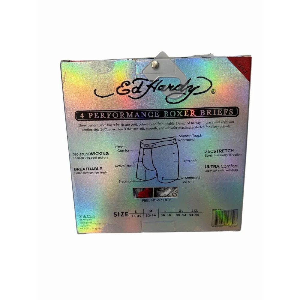 Ed Hardy Men's Performance Boxer Briefs 4-Pack Multicolor Size L Gift Box NWT